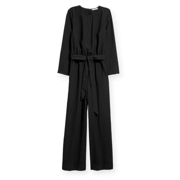 H&M Jumpsuit Wide Straight Leg Long Sleeve Back Opening Black Women's Size 4 New - Picture 1 of 12